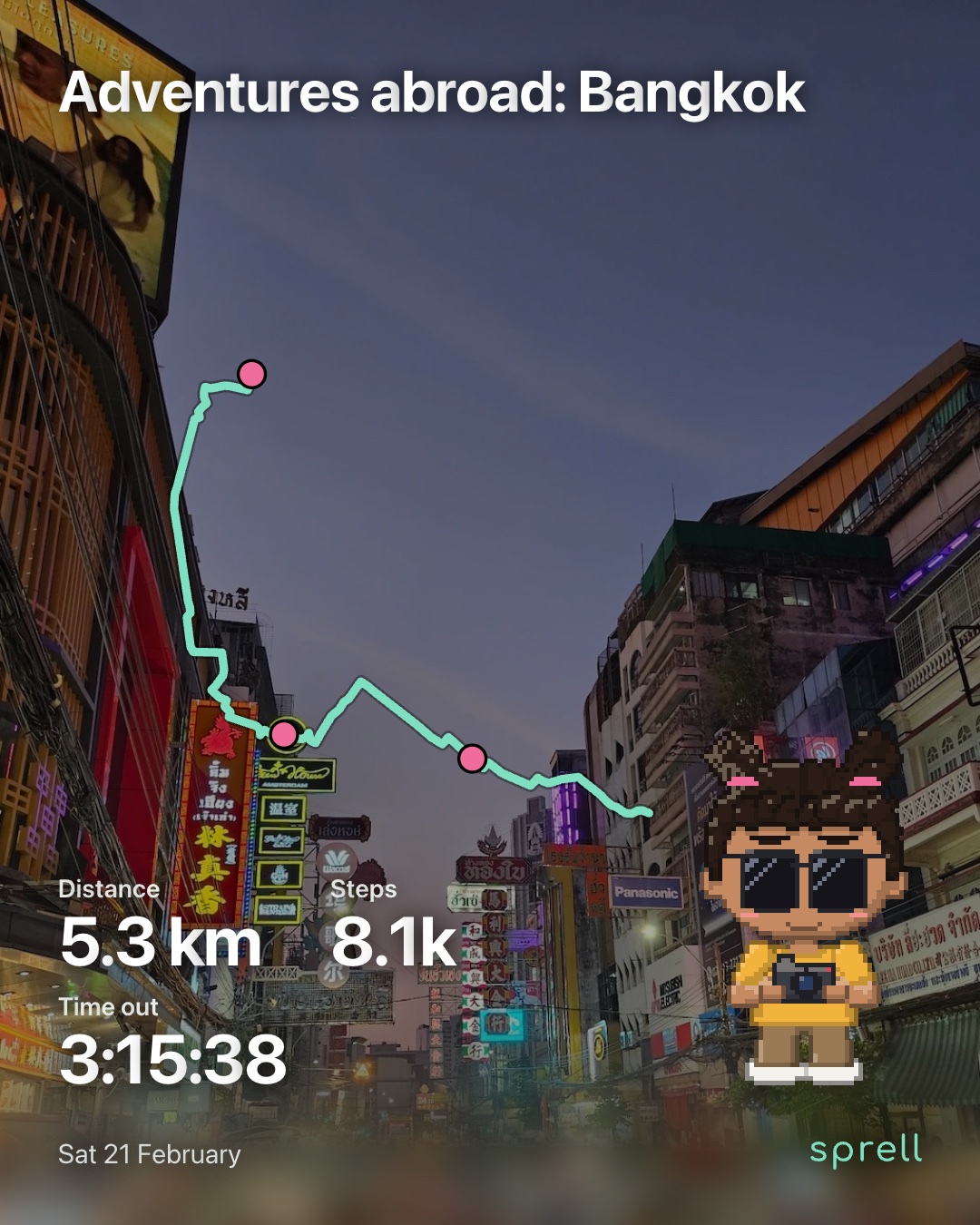 A Sprell card over a photo of Yaowarat Road at dusk: Adventures abroad, Bangkok, three stops through Chinatown, 5.3 km, 8.1k steps