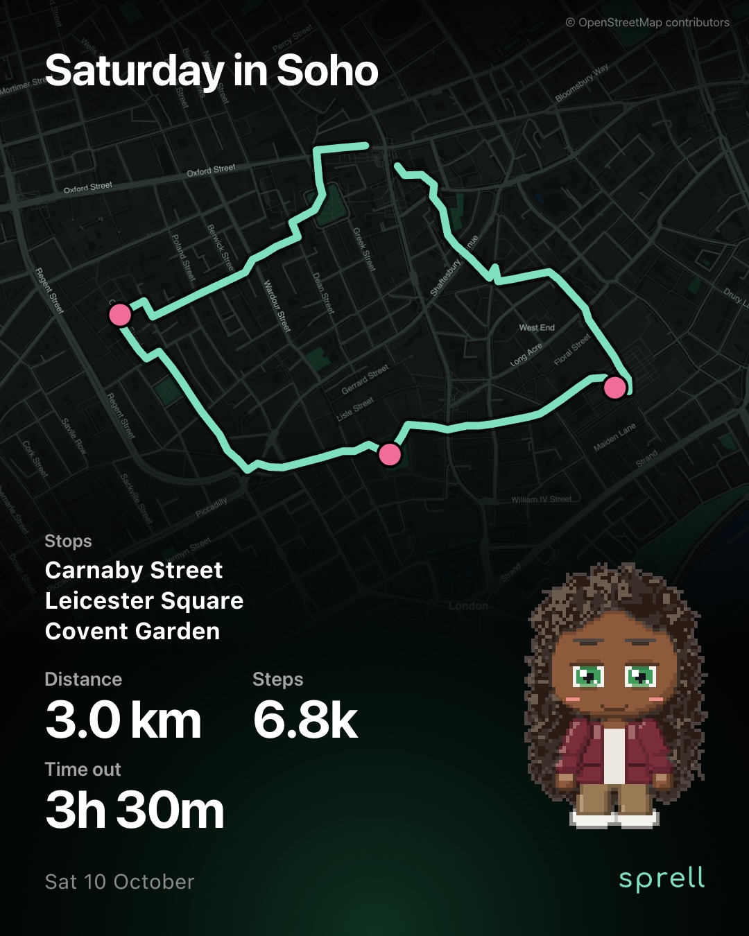 A Sprell card on the map: Saturday in Soho, stops at Carnaby Street, Leicester Square and Covent Garden, 3.0 km, 6.8k steps, 3 hours 30 out